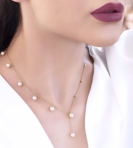 Delicate Chain Necklace with Dangling Pearls