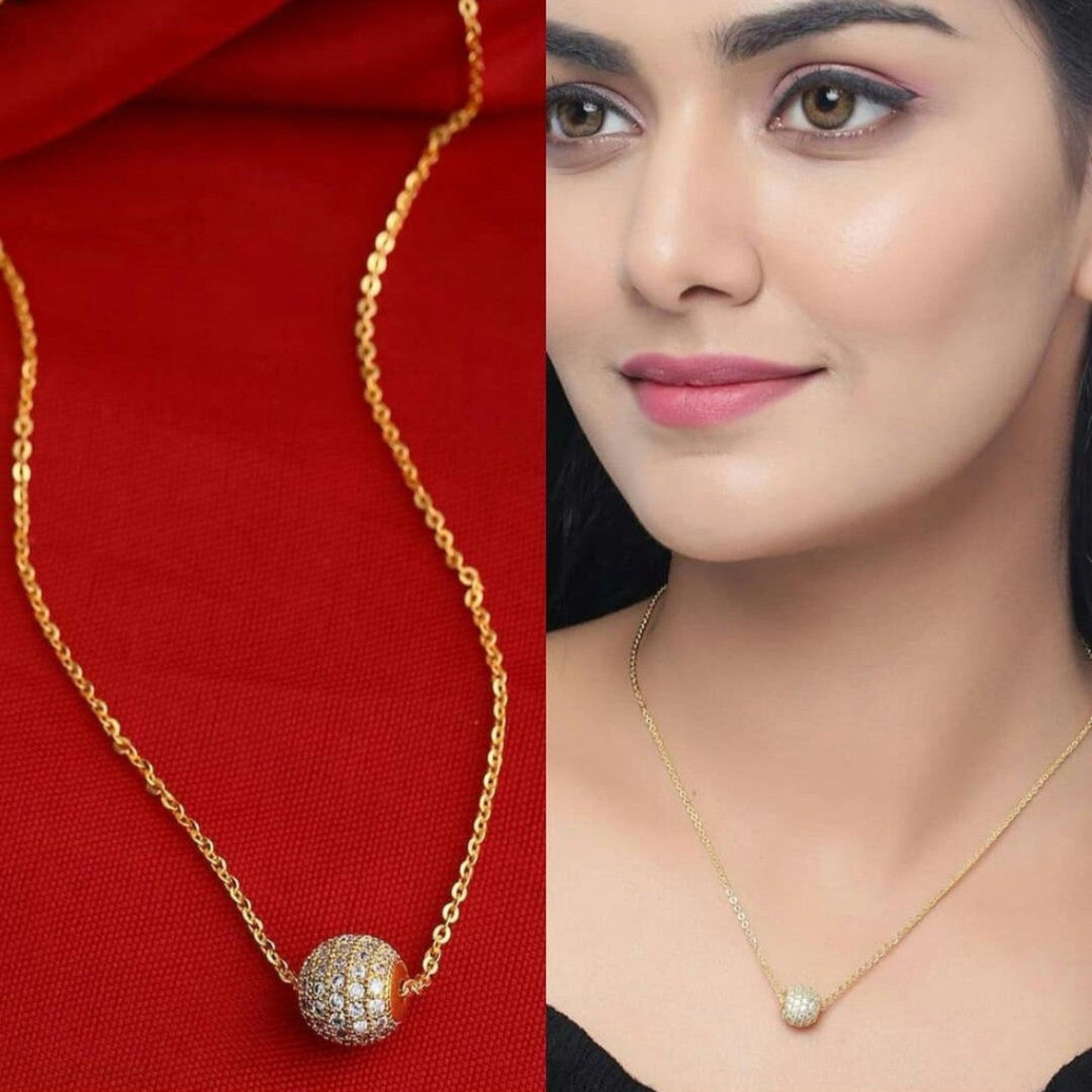 Gold necklace with spherical pendant on red background and worn by a model.