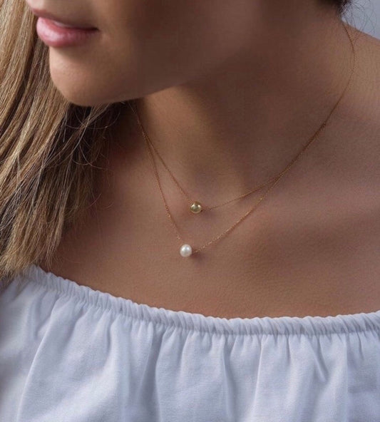 Double Layer Necklace with Polished Bead and Pearl