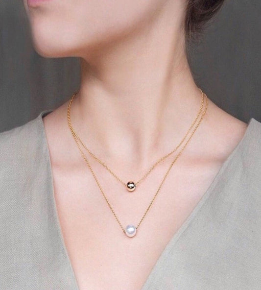 Double Layer Necklace with Polished Bead and Pearl