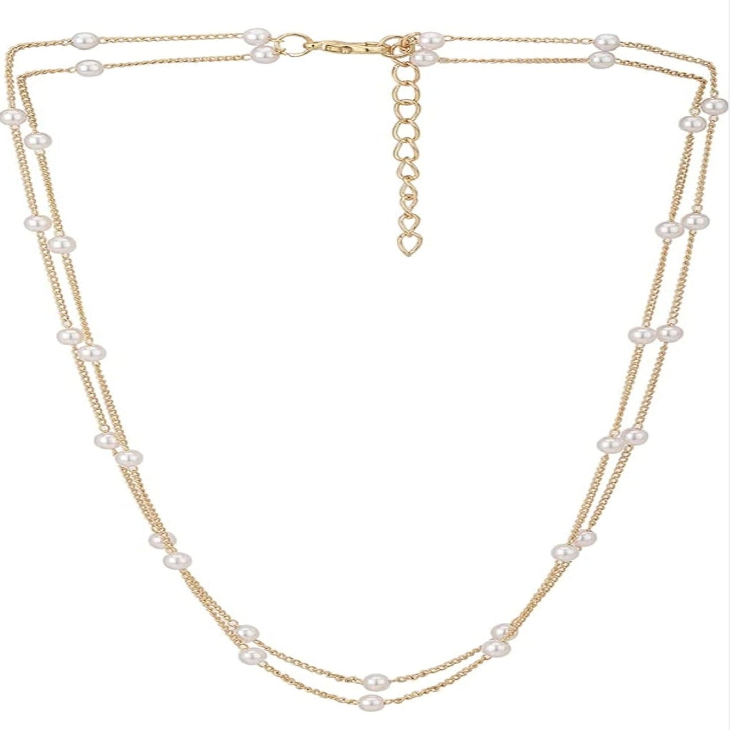 Two-layered pearl necklace with gold chain on a white background