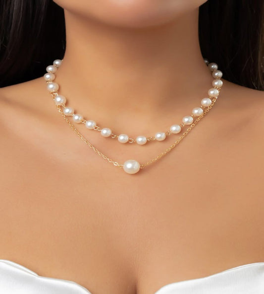 Elegant Dual Layer Pearl & Gold Chain Necklace
