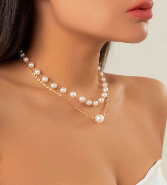 Elegant Dual Layer Pearl & Gold Chain Necklace