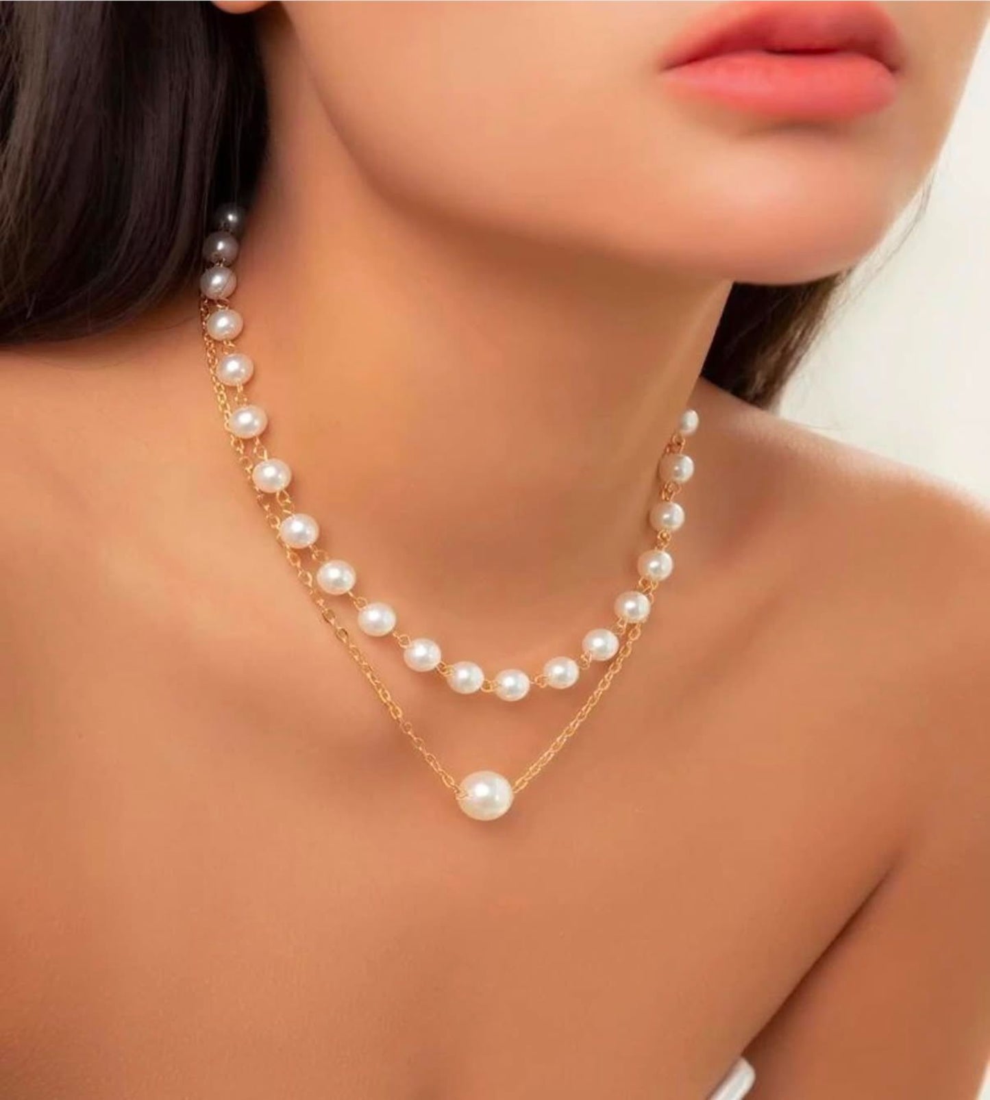 Elegant Dual Layer Pearl & Gold Chain Necklace