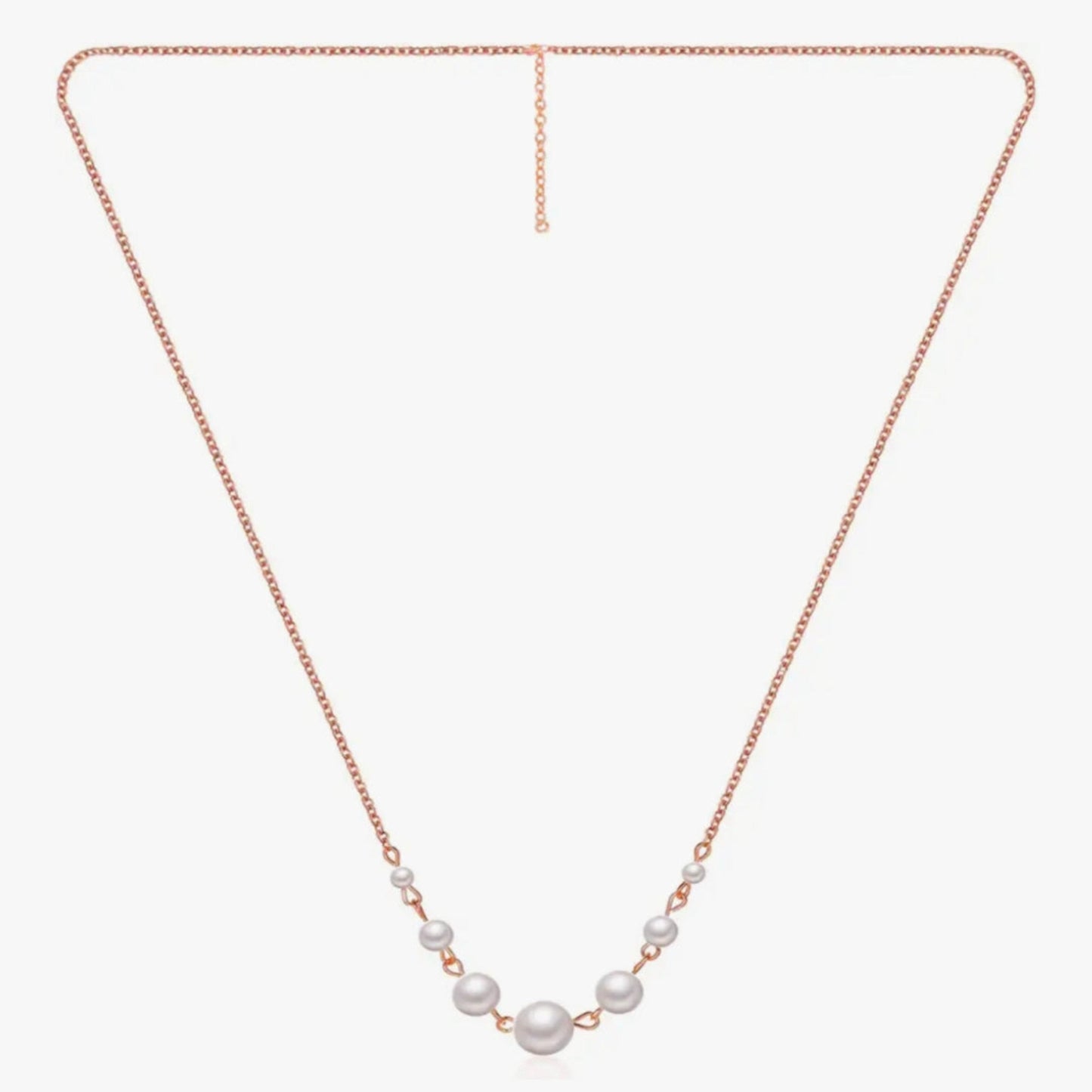 Pearl necklace with rose gold chain on a white background