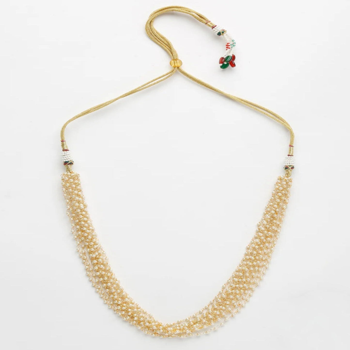 Pearl necklace with gold clasp on a white background