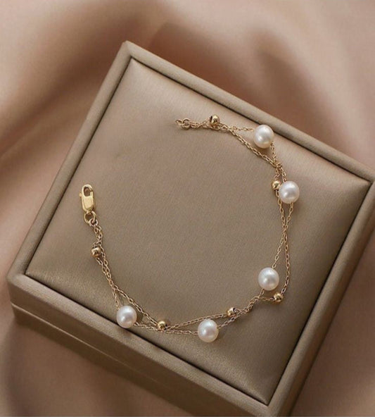 Delicate Double Layer Chain Pearl Bracelet