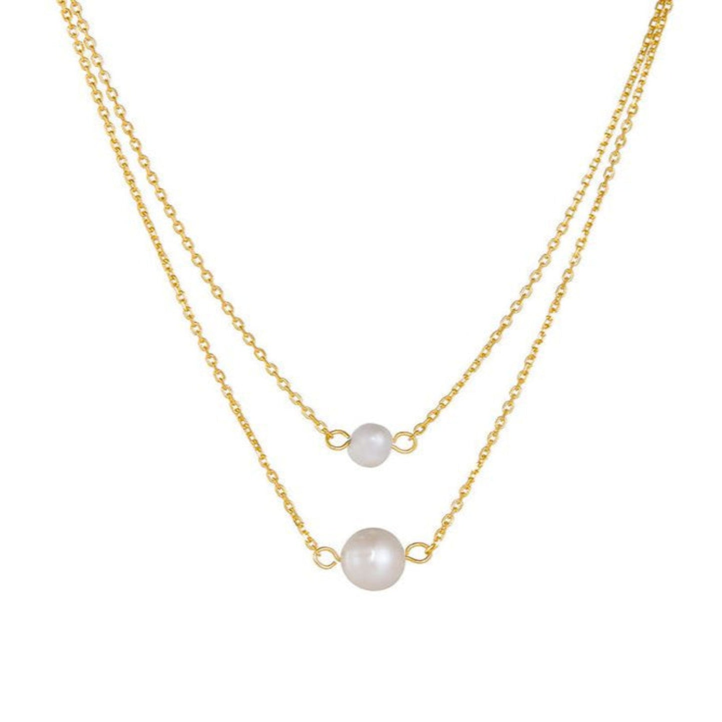 Gold necklace with pearls on a white background