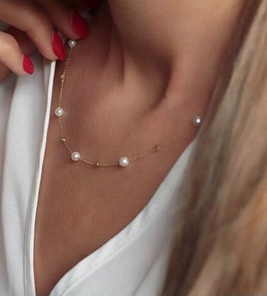 Dainty Gold Plated Chain Necklace with Floating Pearls