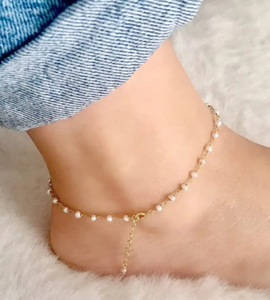 Gold Plated Pearl Beaded One Leg Anklet