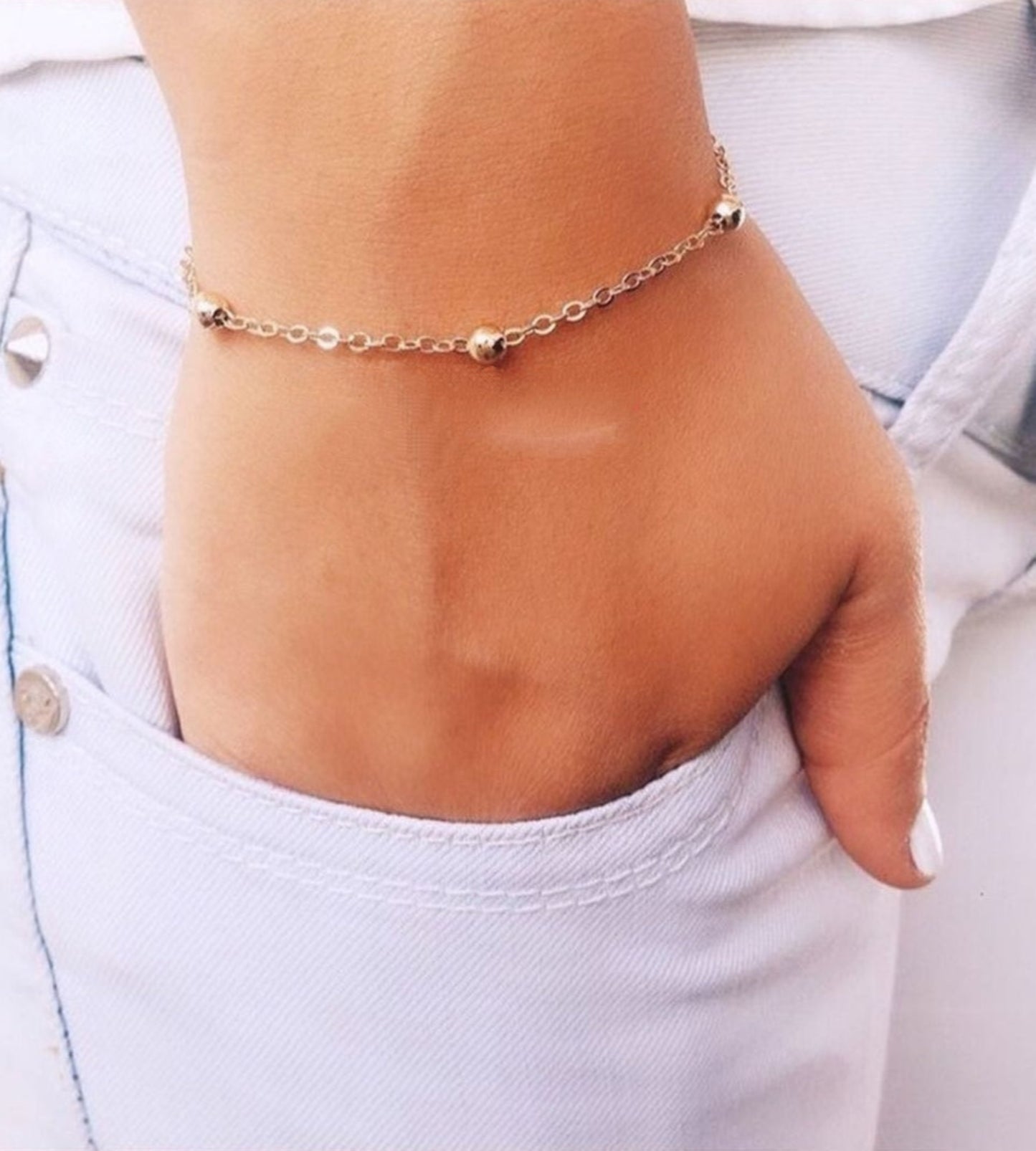 Minimal Gold Plated Beaded Chain Bracelet