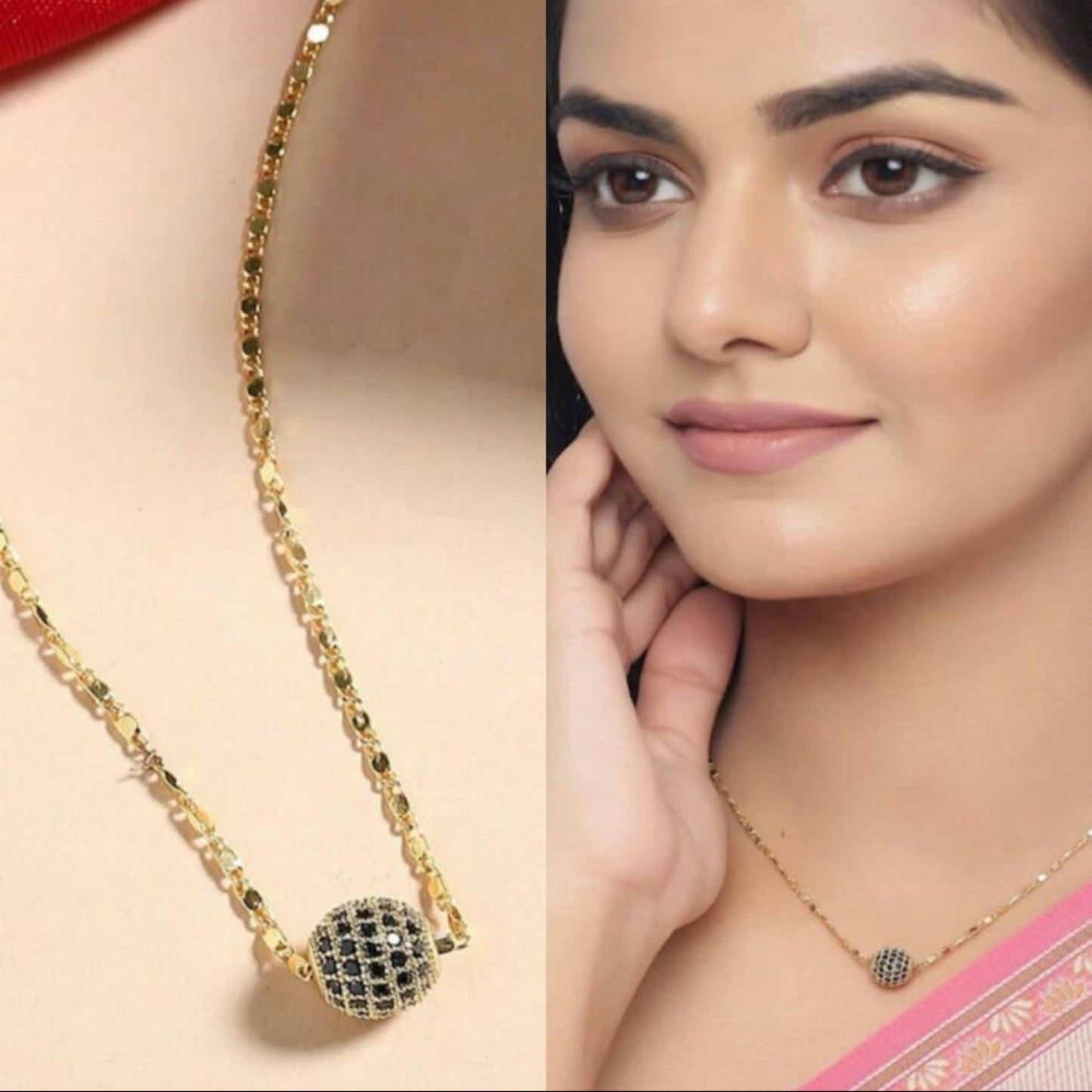 Gold necklace with a black gemstone pendant on a plain background