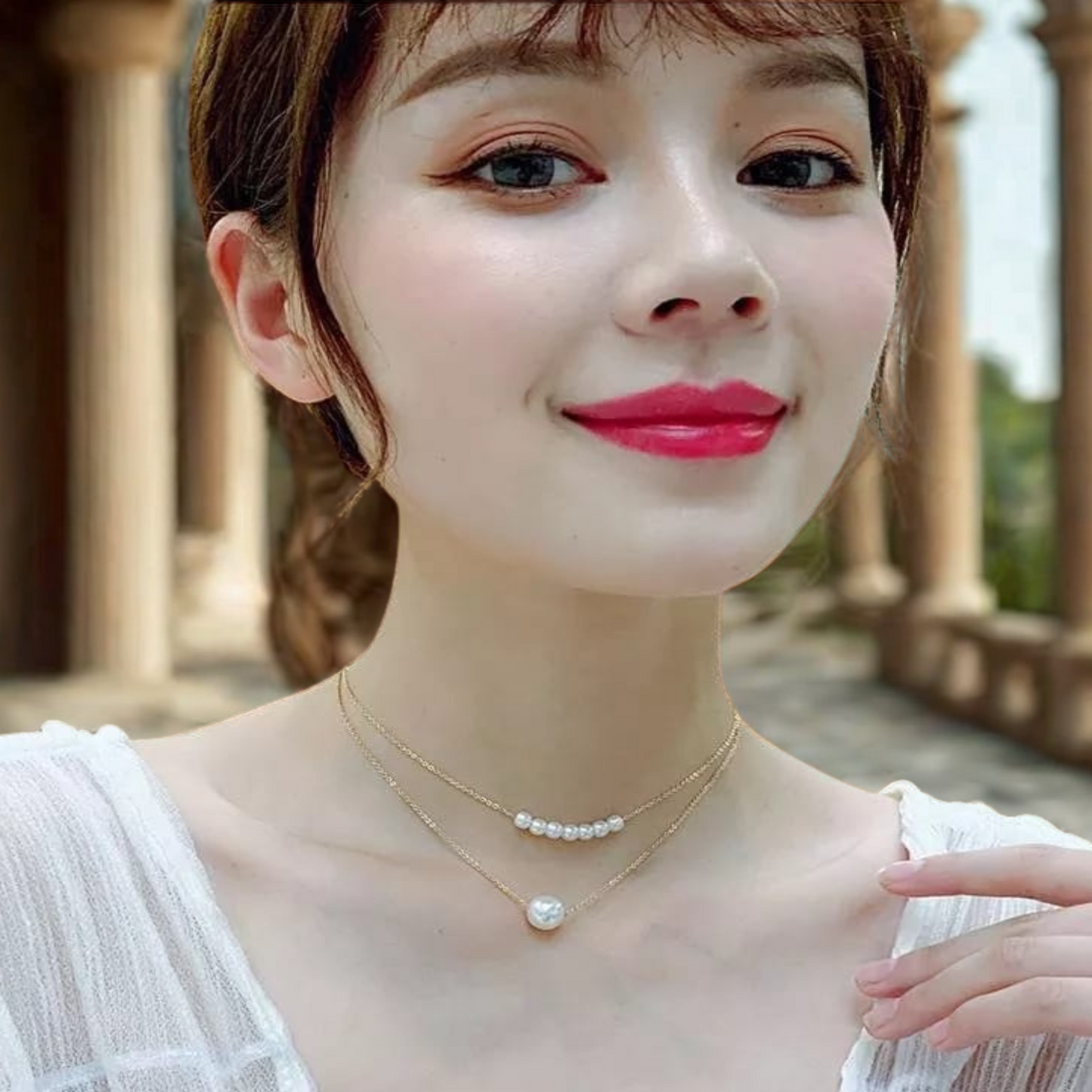 Woman wearing a gold necklace with a pearl pendant outdoors