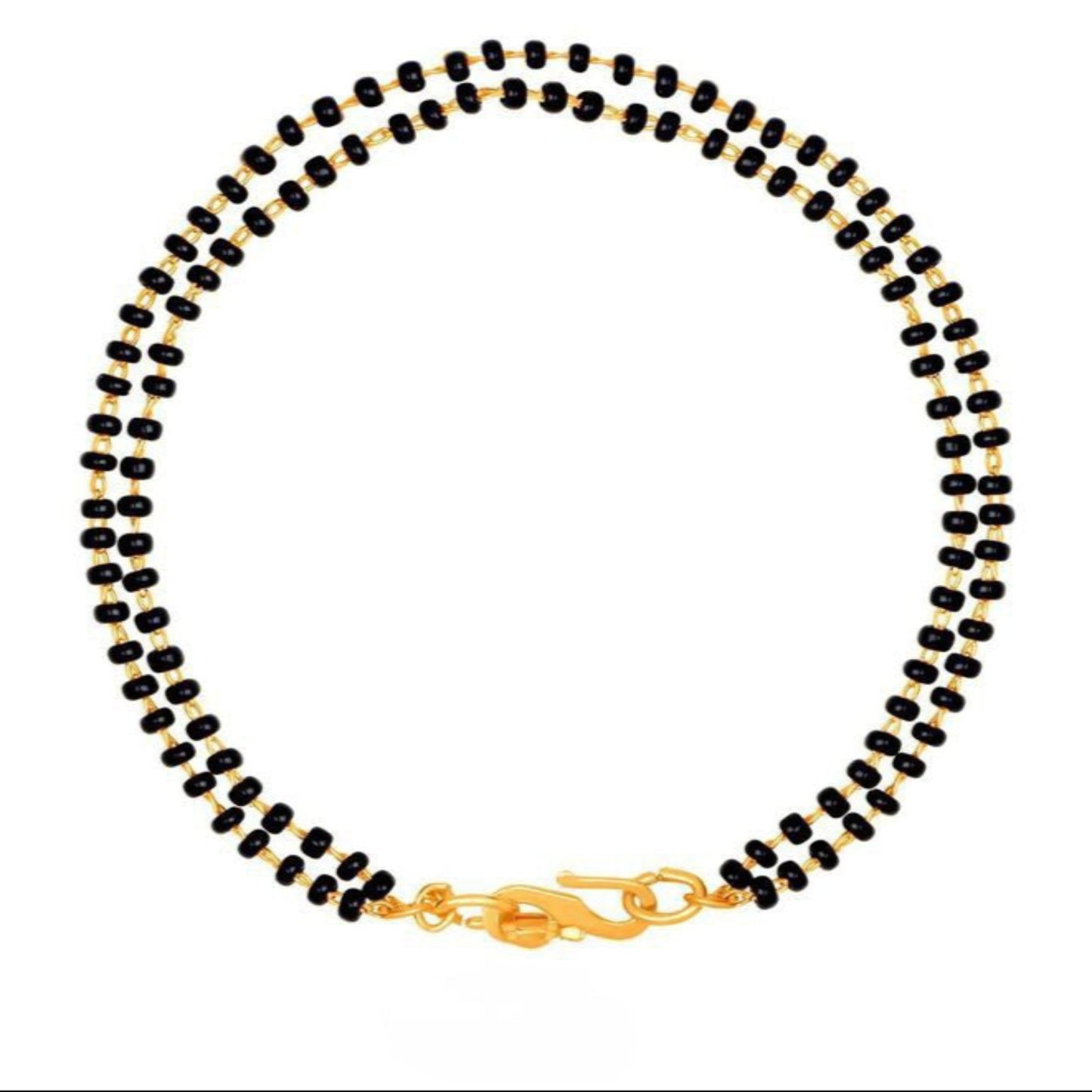 Black beaded necklace with a gold clasp on a white background