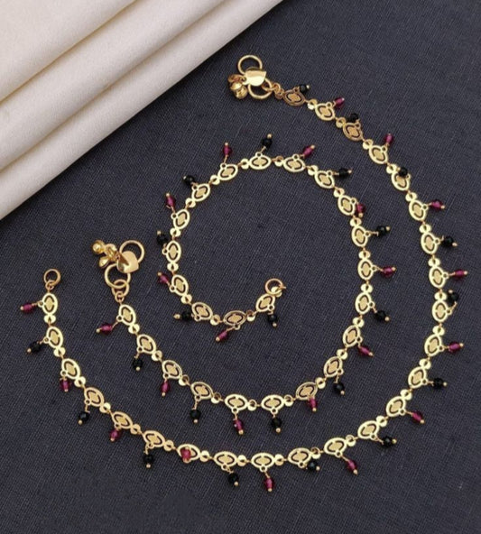 Elegant Gold Plated Anklets with Red & Green Ruby Beads