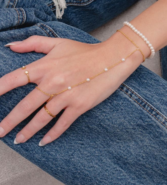 Gold Plated Pearl Hand Chain Bracelet