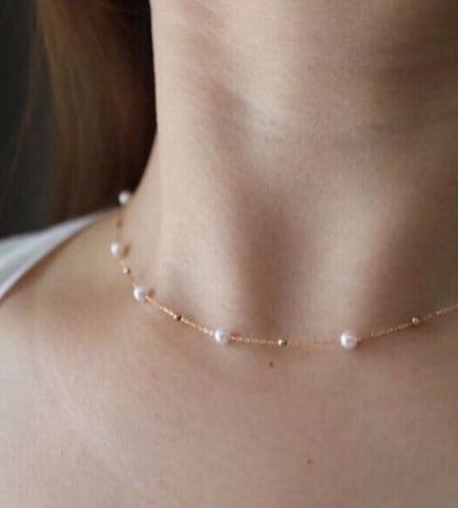Dainty Gold Plated Chain Necklace with Floating Pearls