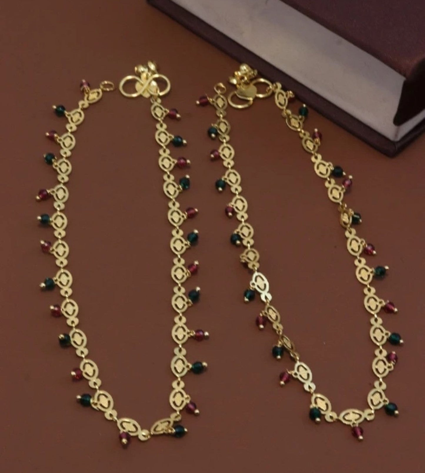 Elegant Gold Plated Anklets with Red & Green Ruby Beads