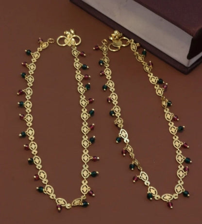 Elegant Gold Plated Anklets with Red & Green Ruby Beads
