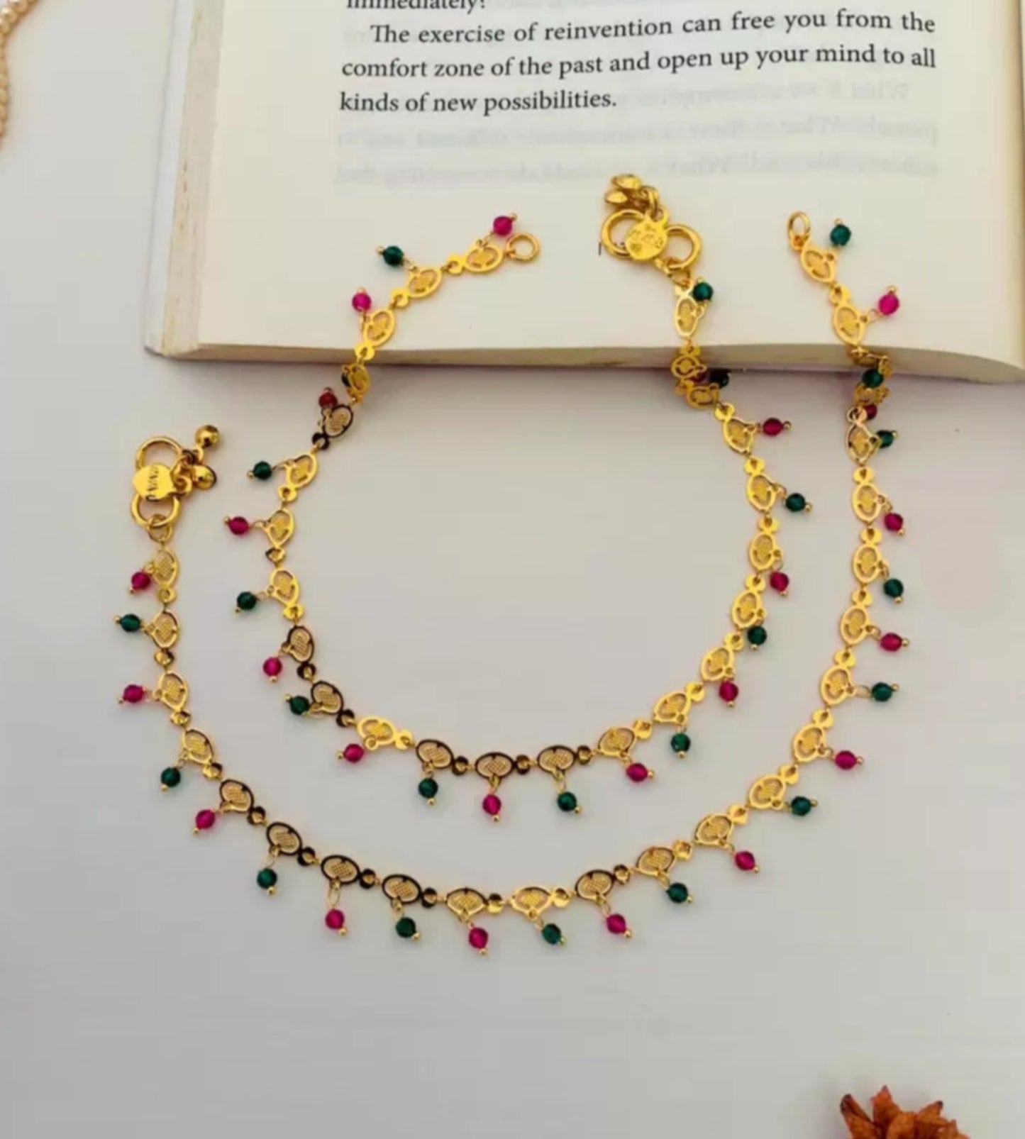 Elegant Gold Plated Anklets with Red & Green Ruby Beads