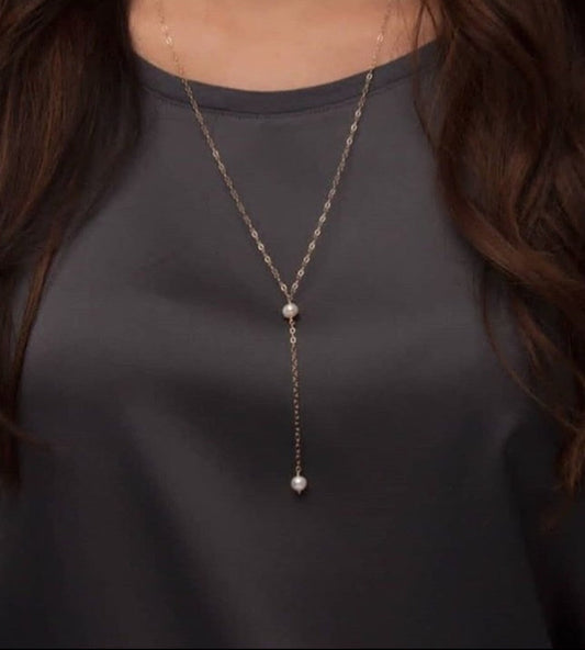 Elegant Gold Plated Pearl Drop Lariat Necklace