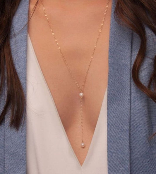 Elegant Gold Plated Pearl Drop Lariat Necklace