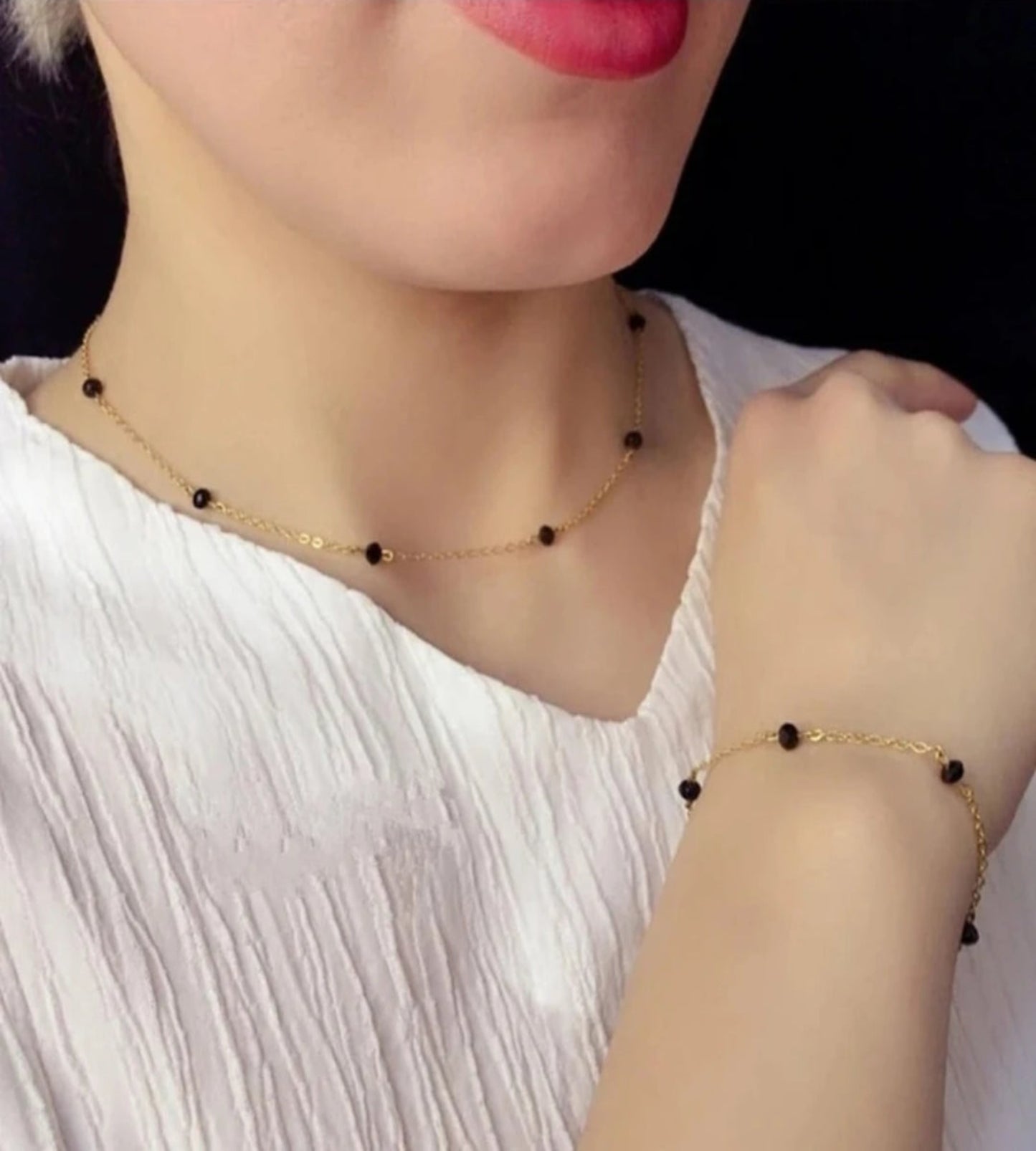 Gold Plated Black Crystal Necklace & Bracelet Set